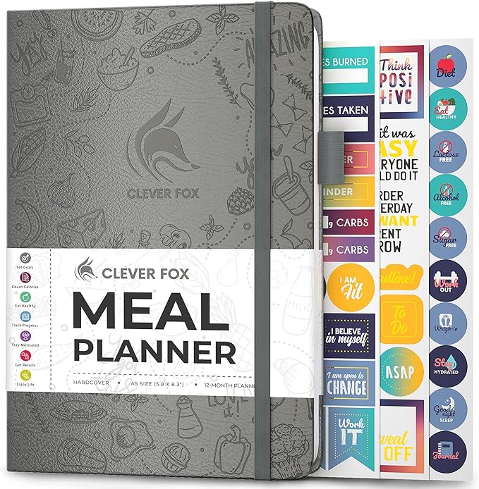 Clever Fox Weekly Meal Planner - Weekly & Daily Meal Prep Journal with Shopping and Grocery Lists for Menu Planning, Healthy Diet & Weight Loss Tracking, Lasts 1 Year, Undated, A5 - Gray-DeskLoop Office