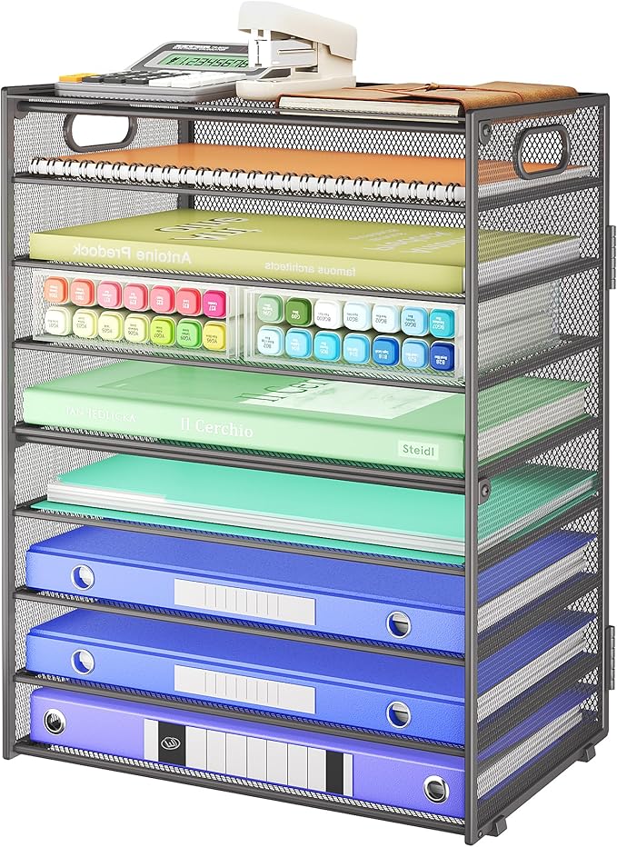 SUBEKYU 9 Tier Paper Organizer for Desk - Gray Metal Mesh Letter Tray File Paper Sorter Organizer Include 6 Pcs Adjustable Height Slid Tray with Handles for Office School Home Organization Storage-DeskLoop Office