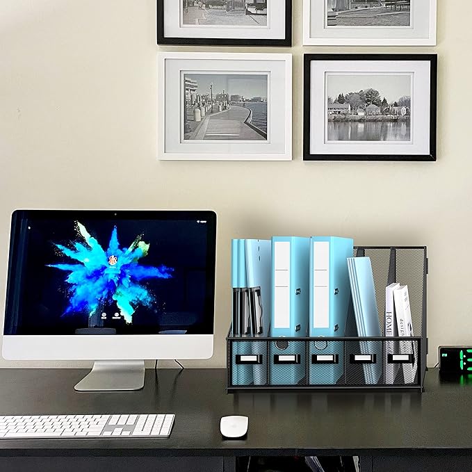 SUPEASY Desk Organizers Metal Desk Magazine File Holder with 16''x12''x12'' 5 Vertical Compartments Rack File Organizer for Office Desktop, Home Workspace, Black Plus-DeskLoop Office
