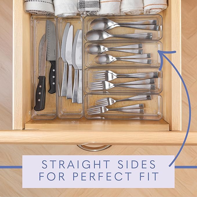 Six Pcs. Plastic Clear Drawer Organizers. Stackable Storage Trays for Kitchen Utensils and Silverware. 2 Sizes. Stackable-DeskLoop Office