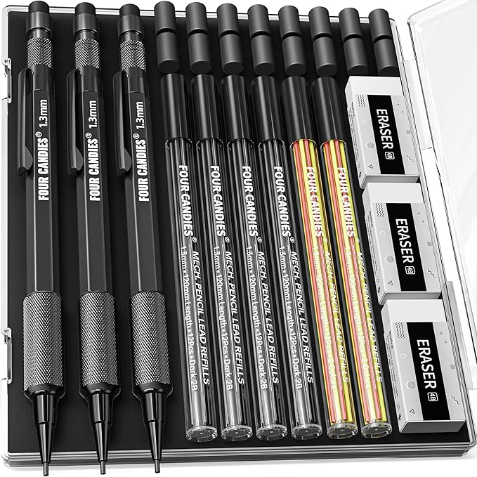 Four Candies 1.3mm Mechanical Pencil Set with 72 Lead Refill, 3PCS Metal Weatherproof Body Heavy Duty Carpenter Pencil, 3 Eraser, 16 Eraser Refill, for Outdoor Woodworking Drafting Marking with Case-DeskLoop Office