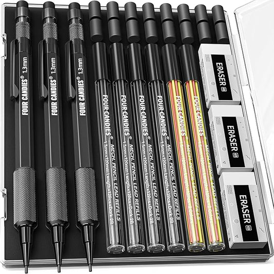 Four Candies 1.3mm Mechanical Pencil Set with 72 Lead Refill, 3PCS Metal Weatherproof Body Heavy Duty Carpenter Pencil, 3 Eraser, 16 Eraser Refill, for Outdoor Woodworking Drafting Marking with Case-DeskLoop Office