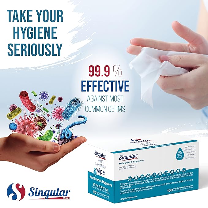 Hand Sanitizing Wipes Travel Size by Singular Wipes – 100ct Individually Wrapped | Fresh Citrus Scent, Moisturizing, 70% Alcohol Wipes | Travel, Office, School, Home | Made in USA-DeskLoop Office