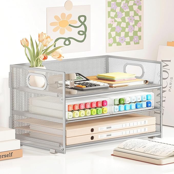 Subekyu 3 Tier Paper Desk Organizer with Handle and 1 PC Slideable Letter Tray, A4 Paper File Folder Sorter Metal Mesh Organizer for Home Office School Desk Supplies Organization Storage, Silver-DeskLoop Office