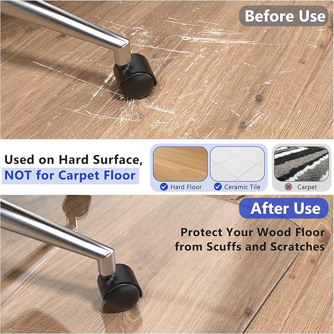 BesWin Large Office Chair Mat for Hardwood Floor, 63"×51" Fully Clear Desk Chair Mat for Rolling Chairs, Heavy Duty Floor Protector Mat for Home Office, Easy Glide, Flat Without Curling (Rectangle)