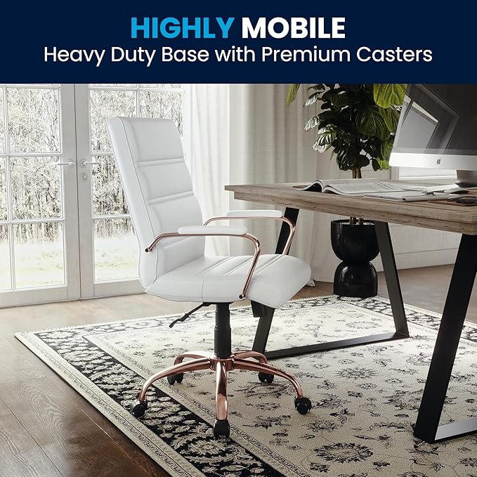 Flash Furniture Whitney Mid-Back Swivel LeatherSoft Desk Chair with Padded Seat and Armrests, Adjustable Height Padded LeatherSoft Office Chair, White/Rose Gold-DeskLoop Office