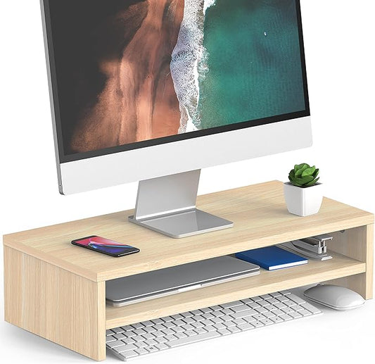 FITUEYES Monitor Stand - 2 Tier Computer Monitor Riser with 21.3 Inch Shelf, Wood Desktop Stand for Laptop Computer Screen, Desk Organization, Office Supplies-DeskLoop Office