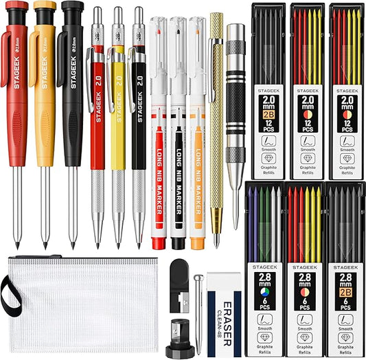 22 Pack Mechanical Carpenter Pencil Set with Sharpener 60 Refills, Automatic Center Punch, Carbide Scribe Tool, Eraser and Deep Hole Marker Pen, Heavy Duty Construction Pencil for Architect-With Pouch-DeskLoop Office