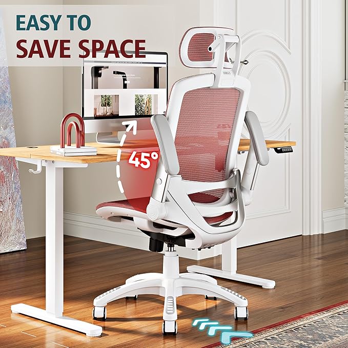 GABRYLLY Ergonomic Office Chair, High Back Home Desk Chair with Headrest, Flip-Up Arms, 90-120° Tilt Lock and Wide Cushion, 400LBS Mesh Chairs for Man Woman, White Task Chair(Red,GY01WR)-DeskLoop Office