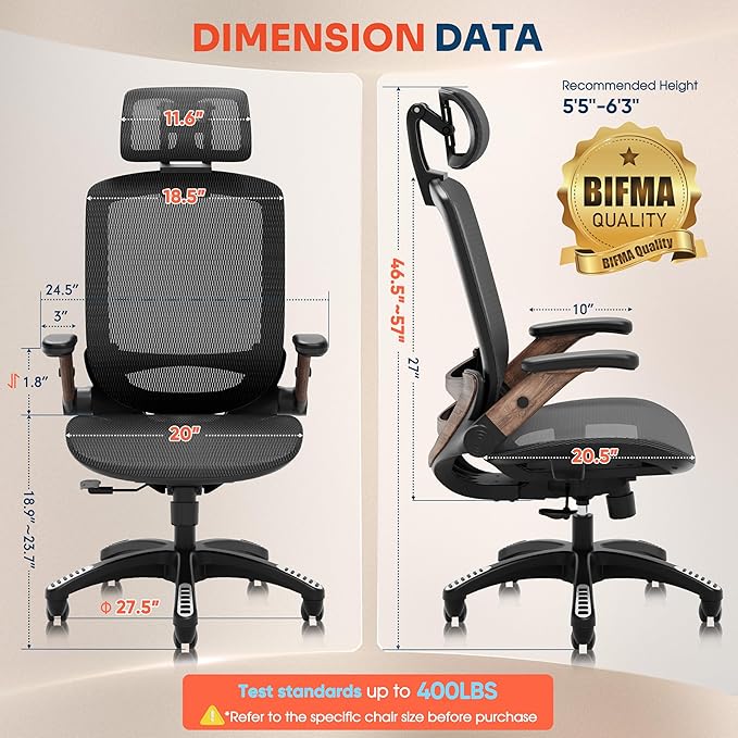 GABRYLLY Ergonomic Office Chair, High Back Home Desk Chair with Headrest, Flip-Up Arms, 90-120° Tilt Lock and Wide Cushion, Big and Tall Mesh Chairs for Man Woman, Black Task Chair(Dark Woodgrain)-DeskLoop Office