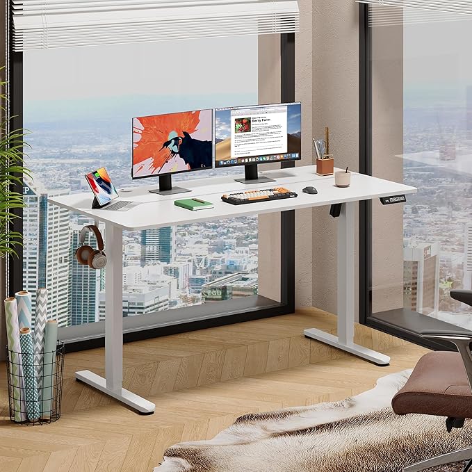 DEVAISE 55 Inch Electric Standing Desk, 3 Adjustable Height Stand up Desk for Home Office, Ergonomic Sit to Stand Desk with LED Touchscreen, Headphone Hook, 3 Memory Preset Computer Desk (White)-DeskLoop Office