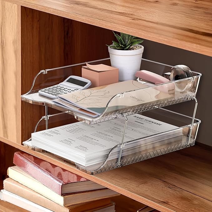 Simple Houseware 2-Tier Clear Stackable Letter Tray Organizer – Desktop File Holder for A4/Letter Size Paper, Document Sorter, Office Desk Paper Organizer, Transparent File Storage-DeskLoop Office