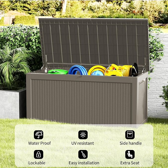 320 Gallon Outdoor Storage Box Patio Deck Box Waterproof, Resin Lockable Outside Large Storage Bin for Pool Cushion Furniture, Garden Tools UV-Resistant, Grey-DeskLoop Office