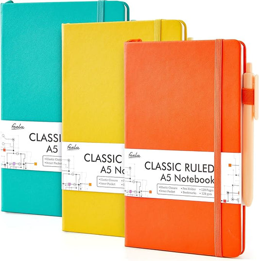 feela Hardcover Notebook For Work, Classic Ruled Lined Journal Set School Business Supplies, with 3 Black Pens, 120 GSM, 5.1”x8.3”, 3 Pack, A5, Solid Colors, Yellow, Orange, Emerald-DeskLoop Office