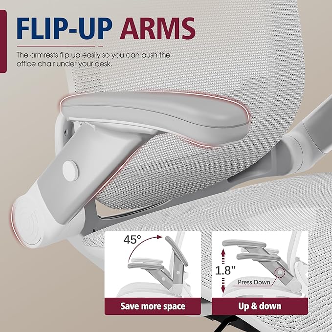 GABRYLLY Ergonomic Office Chair, High Back Home Desk Chair with Headrest, Flip-Up Arms, 90-120° Tilt Lock and Wide Cushion, 400LBS Mesh Chairs for Man Woman, White Task Chair(Grey,GY01WG)-DeskLoop Office