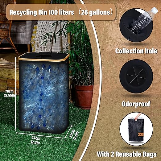 efluky Recycling Bin for Kitchen 26 Gallon, 100L Recycle Bin with 2 Removeable and Reusable Inner Bag, Large Recycling bin with lid for Bottle Can Plastice Stickers (Black)-DeskLoop Office