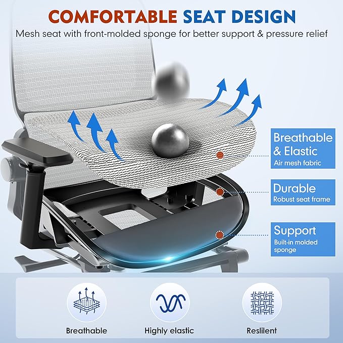 Ergonomic Office Chair, High Back Desk Chairs with Retractable Footrest, Breathable Mesh, Adjustable Headrest, 3D Armrests, Lumbar Support, Tilt Function, Comfy Swivel Computer Gaming Chair-DeskLoop Office