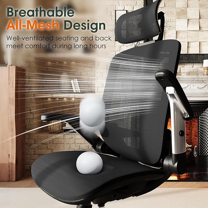 GABRYLLY Ergonomic Office Chair, High Back Home Desk Chair with Headrest, Flip-Up Arms, 90-120° Tilt Lock and Wide Cushion, Big and Tall Mesh Chairs for Man Woman, Black Task Chair-DeskLoop Office