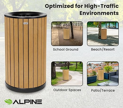 Alpine 32 Gallon Commercial Outdoor Trash Can - Heavy Duty Garbage Can Outdoor, Industrial Open Top Trash Can with Plastic Panels for Patio, Parks, Trails, Resorts (Flat Lid - Cedar)-DeskLoop Office