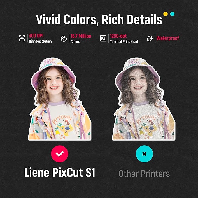 Liene PixCut S1 Color Sticker Printer & Cutting Machine - All-in-One Sticker Maker for DIY Crafts, Custom Labels & Gifts. Thermal Dye-Sublimation Photo Printer, 300 DPI, Precise AI Auto-Cutting-DeskLoop Office