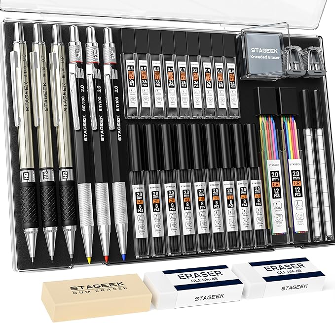 34PCS Art Mechanical Pencil Set, Drafting Pencil 0.5, 0.7, 0.9MM & 3PCS 2.0MM Mechanical Drawing Pencils with 384PCS Leads (6B 4B 2B HB 2H 4H Color) for Artist Sketching Drawing-DeskLoop Office