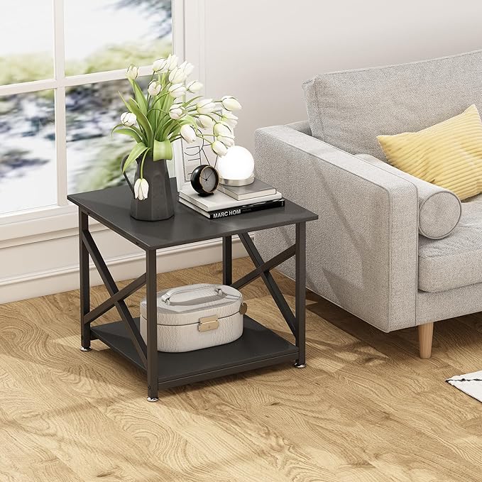 2 Tier Large Printer Stand, 23.6 x 23.6 x 22.6 Inches Square Printer Table with Storage Shelf, Rolling Printer Cart with Industrial Wheels for Home Office, Mini Fridge Stand Table - Black-DeskLoop Office