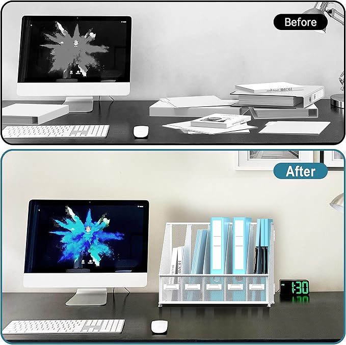 SUPEASY Desk Organizers Metal Desk Magazine File Holder with 5 Vertical Compartments Rack File Organizer for Office Desktop, Home Workspace, White Plus-DeskLoop Office