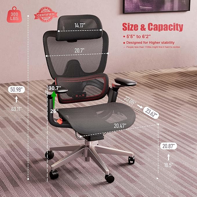 Ergonomic Office Chair, Big and Tall Mesh Computer Gaming Chair with Adaptive Lumbar Support, Work Chair with Headrest, 5D Armrest,90-130°Tilt, BIFMA Certified, Model Zen (Red)-DeskLoop Office