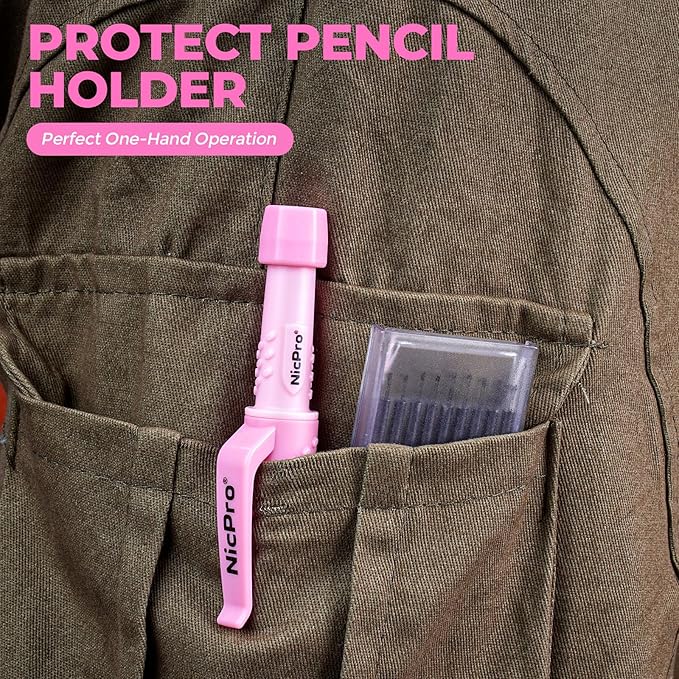 Nicpro CP3000 Carpenter Pencil with Sharpener, Construction Mechanical Pencils with 19 Refills, Heavy Duty Construction Pencil, Pink Woodworking Tools For Women, Great for Marking On Wood, Metal-DeskLoop Office