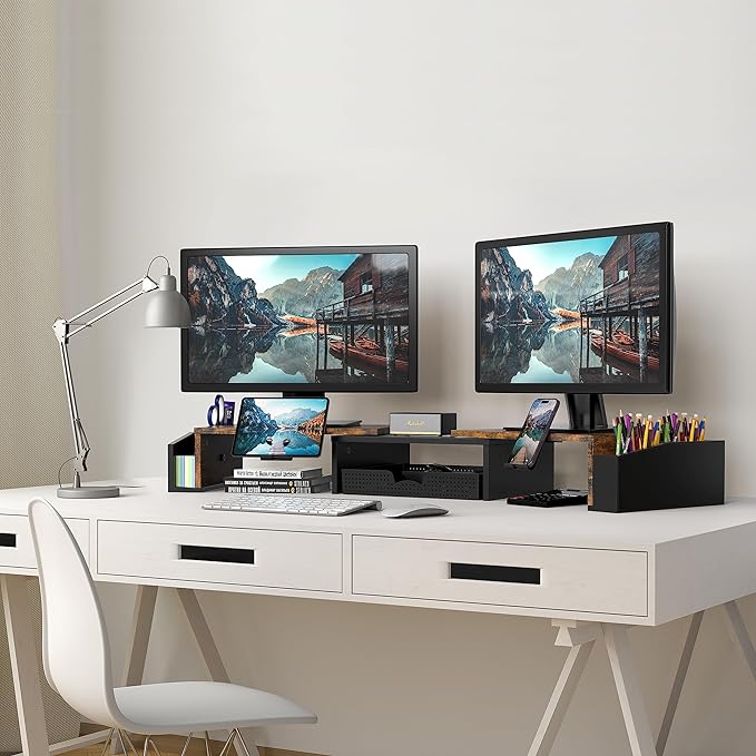 Simple Houseware Desk Dual Monitor Stand Riser with Drawer, Rustic Brown-DeskLoop Office