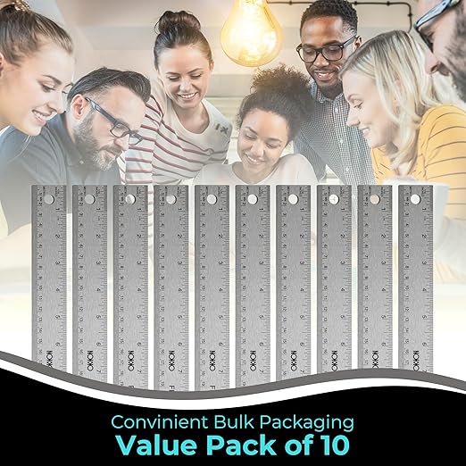 NOKKO 18 Inch Metal Ruler with Cork Backing, Pack of 10 - Flexible Stainless Steel Straight Edge Ruler with Inches and Centimeters, Non-Slip Backing for Precision and Stability-DeskLoop Office