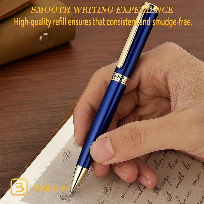 BEILUNER Blue Lacquer Gel Pen - Stunning Luxury Pen with 24K Gold Finish, ADMOK Black Refill, Executive Gift Set for Family & Friends, Writing, Fancy, Office, Retractable Pens-DeskLoop Office