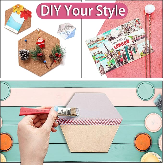 SUNGIFT Hexagon Cork Board Tiles Self Adhesive 6 Pack - 1/2" Thick Corkboards for Wall 12" x 10.2" Memo Boards Pin Board Decorative Bulletin Board for Office Home Kitchen - 50 Multi-Color Push Pins-DeskLoop Office