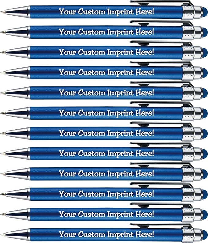 Personalized Pens with Stylus Tip -Bright Vibes- Click action - Custom - Black writing - Printed Name pens - Imprinted with Your Logo or Message - FREE PERSONALIZATION - 12 Pens/Box (Blue)-DeskLoop Office