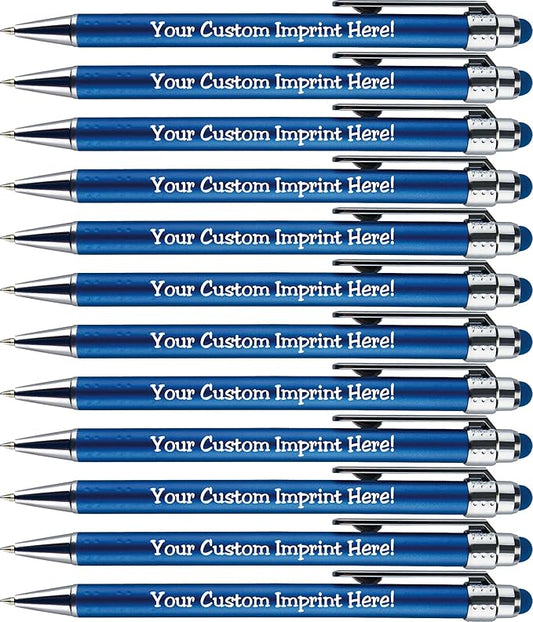 Personalized Pens with Stylus Tip -Bright Vibes- Click action - Custom - Black writing - Printed Name pens - Imprinted with Your Logo or Message - FREE PERSONALIZATION - 12 Pens/Box (Blue)-DeskLoop Office