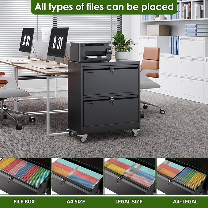 Aobabo 2 Drawer Wide File Cabinet with Wheels, Lockable Metal Filing Cabinet for Home Office, Legal/Letter Size,Black,Required Assembled,15.87" D x 28.94" W x 34" H-DeskLoop Office