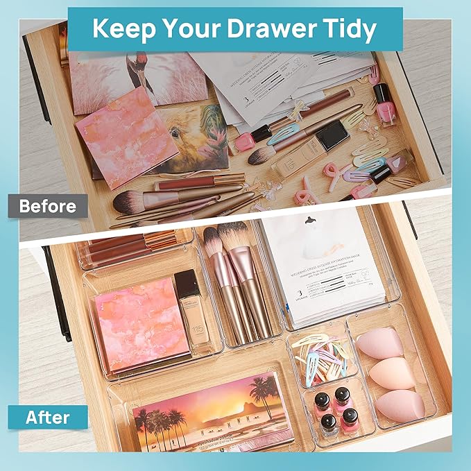 Vtopmart 25 PCS Clear Plastic Drawer Organizers Set, 4-Size Versatile Bathroom and Vanity Drawer Organizer Trays, Storage Bins for Makeup, Bedroom, Kitchen Gadgets Utensils and Office-DeskLoop Office