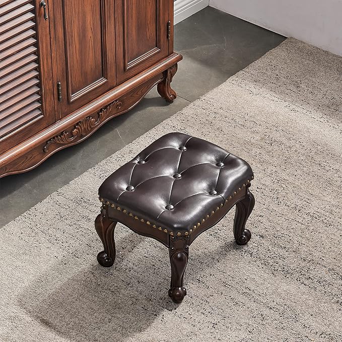 Foot Stool Ottoman Foot Rest Microfiber Leather Upholstered Footstool for Sofa, Living Room, Entryway, Solid Wood Stool (Dark Brown)-DeskLoop Office