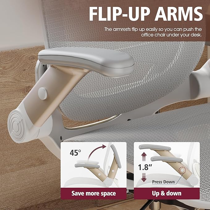 GABRYLLY Ergonomic Office Chair, High Back Home Desk Chair with Headrest, Flip-Up Arms, 90-120° Tilt Lock and Wide Cushion, Big and Tall Mesh Chairs for Man Woman, White Task Chair-DeskLoop Office