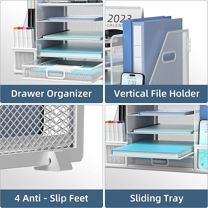 SUPEASY Mesh Desk Organizer with File Holder, 5-Tier Paper Letter Tray Organizer with Magazine Holder, Desktop Organizer and Storage with Drawer for Office Supplies Home or School, White-DeskLoop Office