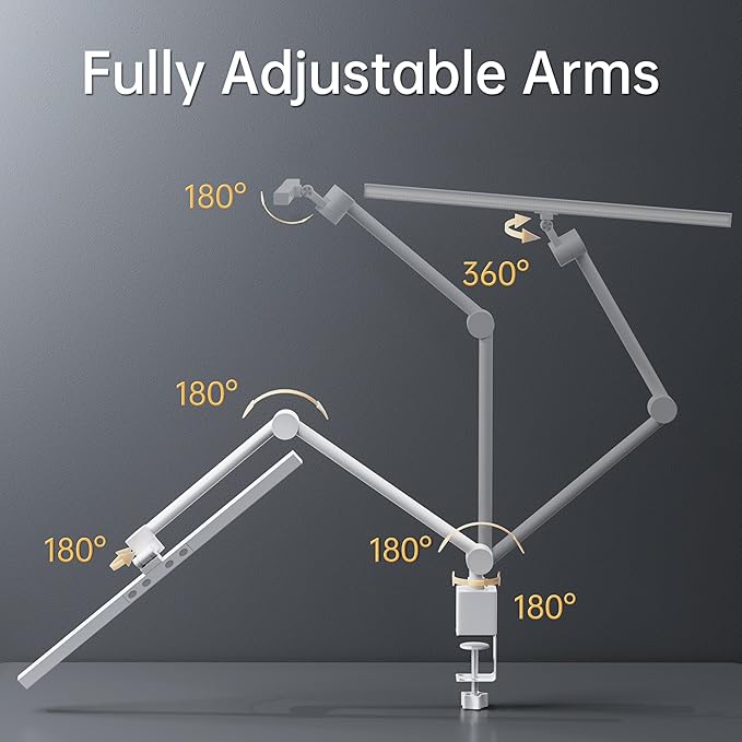 deeloop 2-Arms Swing Long LED Desk Lamp with Clamp, CRI 95+ Eye-Caring Light, USB Charging Output, 2-Hour Timer, Dimmable Desk Light with Memory, Architect Desk Lamps for Home Office Reading &Monitor-DeskLoop Office