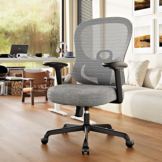 ELABEST Ergonomic Office Chair,Home Desk Chair with Mesh Back,Adjustable Lumbar Support,Built-in Springs Wide Seat,Executive Task Chair with 3-D Big Armrests,Tilt Function,Computer Desk Chair (Grey)-DeskLoop Office