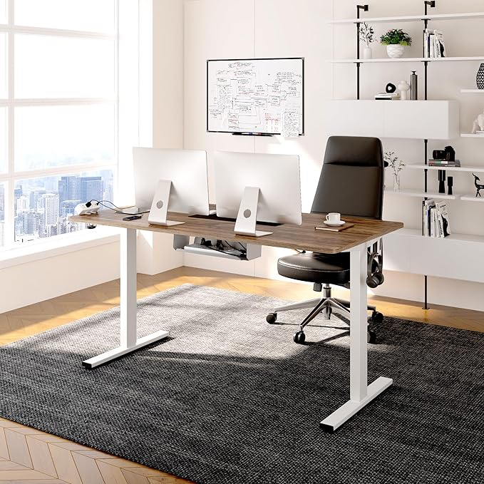 FLEXISPOT EN2 Whole-Piece Standing Desk with Clamp Power Strip, 48 x 30 Electric Stand Up Height Adjustable Desk with Cable Management (White Frame + 48" Black Walnut Desktop, 2 Packages)-DeskLoop Office