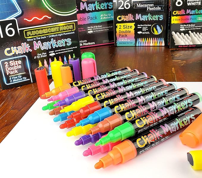 16 UV Fluorescent Neon Chalk Markers - Double Pack of Both Fine & Reversible Medium Tip Liquid Chalk Pens Wet Erasable Menu Boards, Glass, Whiteboards, Mirrors, Non-Porous Chalkboards, Plastic, Metal-DeskLoop Office