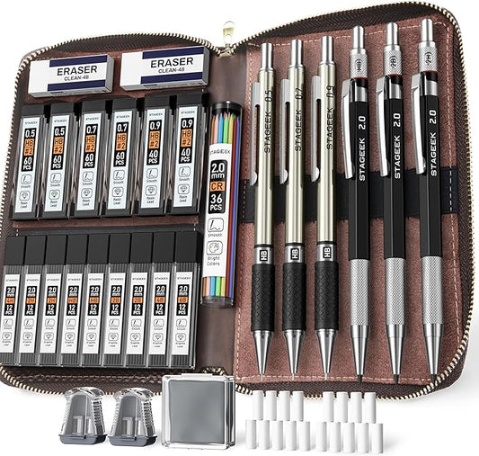 30PCS Art Mechanical Pencil Set with Leather Bag, Metal Artist Lead Pencil 0.5, 0.7, 0.9 mm, 3PCS 2mm Sketching Pencil (4H 2H HB 2B 4B 6B Color) with 464PCS Graphite Lead Refills for Drawing-DeskLoop Office
