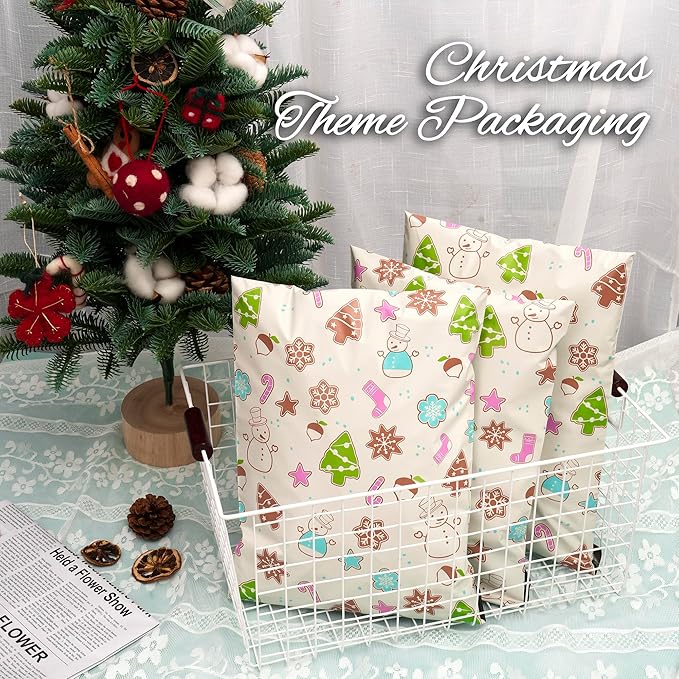 Christmas Poly Mailer 10x13 Inch 100 Pcs, Waterproof Shipping Bags for Clothing, Tear-Resistant Mailier Bags, Strong Mailing Bags with Self-Seal - Christmas Elements Printed-DeskLoop Office