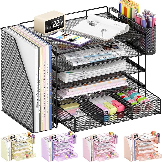 Desk Organizers and Accessories, 5-Tier Paper File Organizer with Drawer & Pen Holder, Office Desk Accessories Workspace Desktop Organizer for Office Supplies(Black)-DeskLoop Office