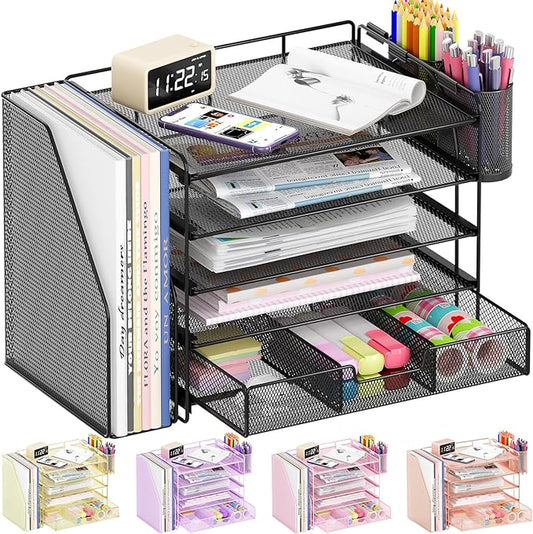 Desk Organizers and Accessories, 5-Tier Paper File Organizer with Drawer & Pen Holder, Office Desk Accessories Workspace Desktop Organizer for Office Supplies(Black)-DeskLoop Office