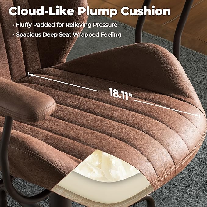 ovios Ergonomic Home Office Chair, Mid-Century Modern Faux Leather Chairs with Padded Armrests, Comfy Mid Back Swivel Rolling Executive Computer Armchair (Dark Brown, Suede Leather)-DeskLoop Office