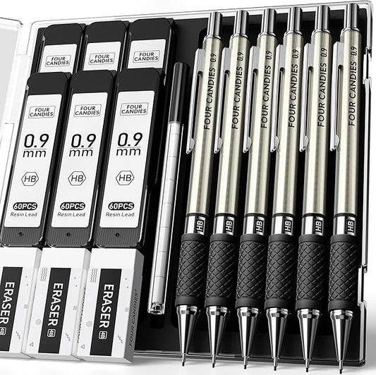 Four Candies Metal Mechanical Pencil Set - 6PCS 0.9mm Art Mechanical Pencils & 360PCS HB Lead Refills & 3PCS Erasers & 9PCS Eraser Refills, Drawing Mechanical Pencils for Writing, Sketching -With Case-DeskLoop Office